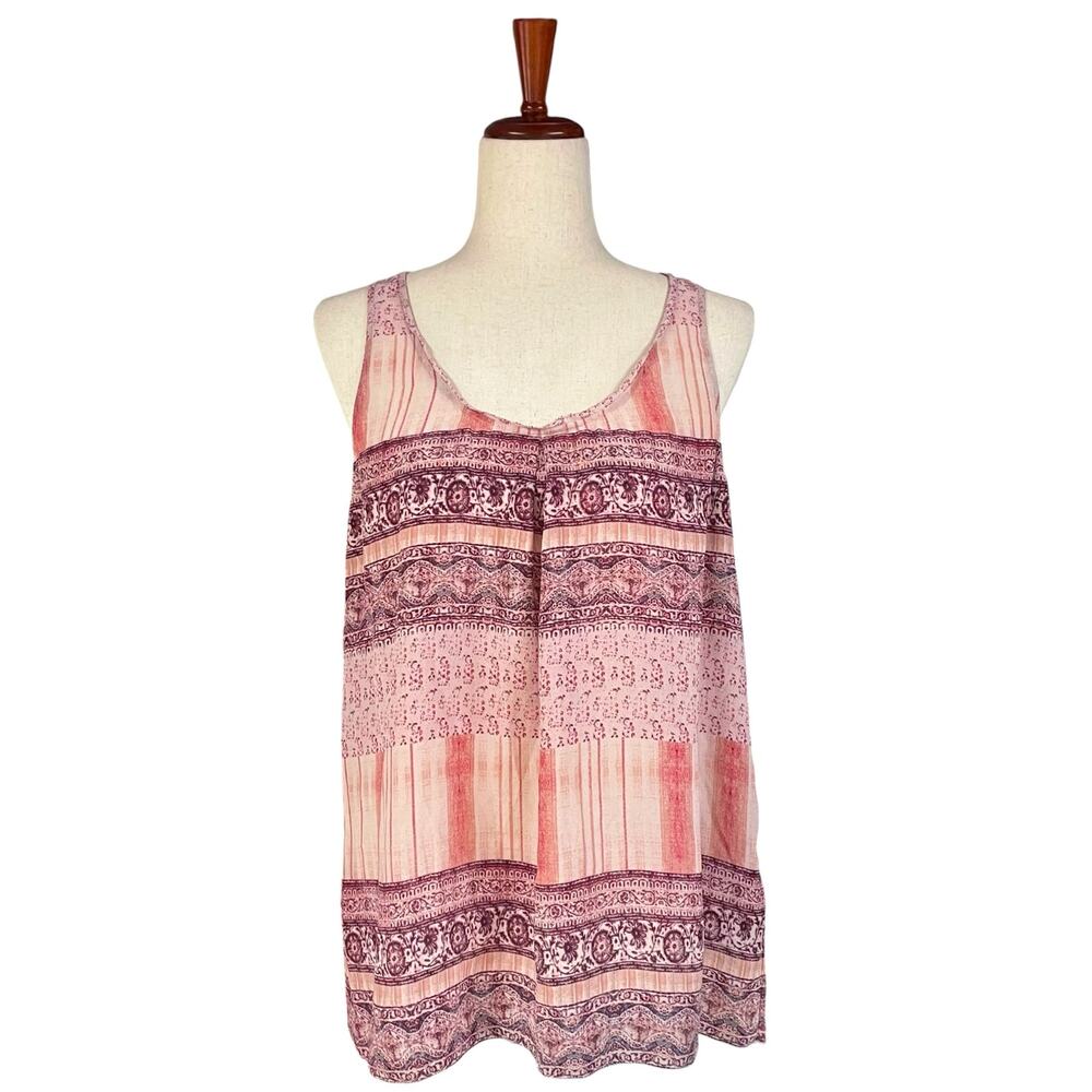 LUCKY BRAND 100% Silk Geometric Stripe Keyhole Tank Top Pink Burgundy Size M